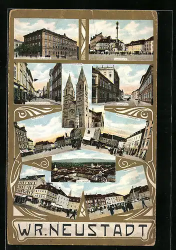 AK Wr. Neustadt, Realschule, Herzog Leopoldstrasse, Pfarrkirche und Hauptplatz