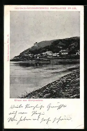 AK Greifenstein, Ortsansicht mit Burgruine aus weiter Ferne