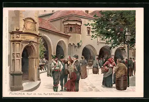 Künstler-Lithographie Paul Hey: München, Hof im Kgl. Hofbräuhaus