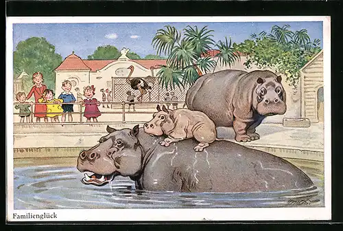 Künstler-AK Fritz Baumgarten: Familienglück, Nilpferde