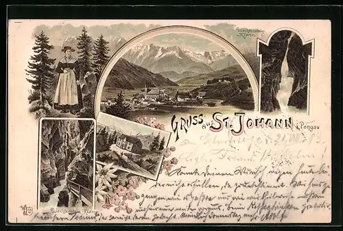 Lithographie St. Johann i. Pongau, Ortsansicht mit Liechtensteiner-Klamm