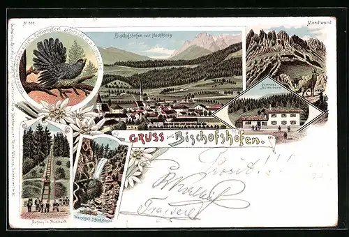 Lithographie Bischofshofen, Ortsansicht mit Gasthaus Mitterberg