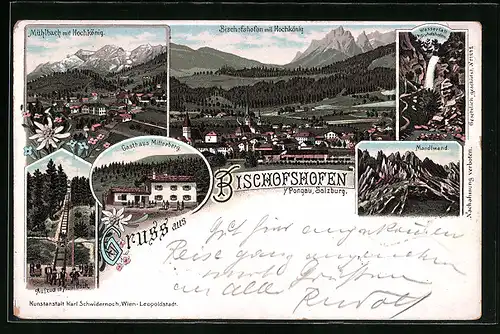 Lithographie Bischofshofen i. Pongau, Totalansicht mit Gasthaus Mitterberg