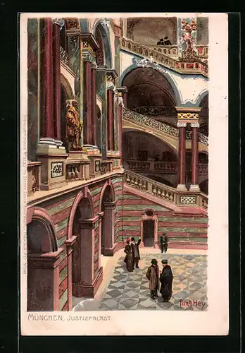 Künstler-Lithographie Paul Hey: München, Innenansicht vom Justizpalast