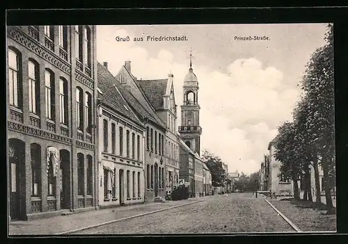 AK Friedrichstadt, Prinzess-Strasse mit Kirche