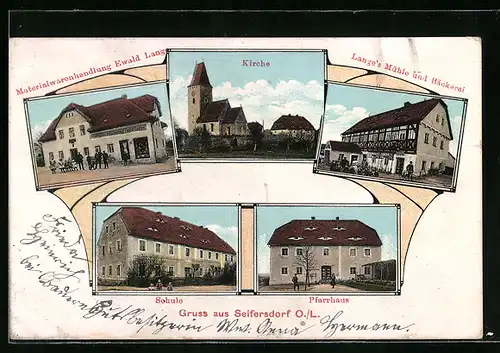 AK Seifersdorf /O. L., Kirche, Schule, Langes Mühle und Bäckerei