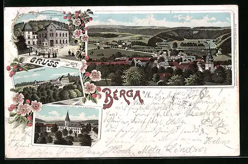 Lithographie Berga a. E., Ortsansicht mit Kriegerdenkmal und Postamt, Schloss und Marktplatz mit Rathaus
