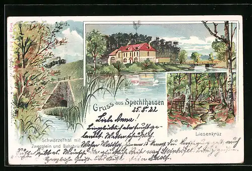 Lithographie Spechthausen, Gasthaus zum Waldhof, Schwärzetal mit Zwerglein und Bahnbrücke, Liesenkrüz