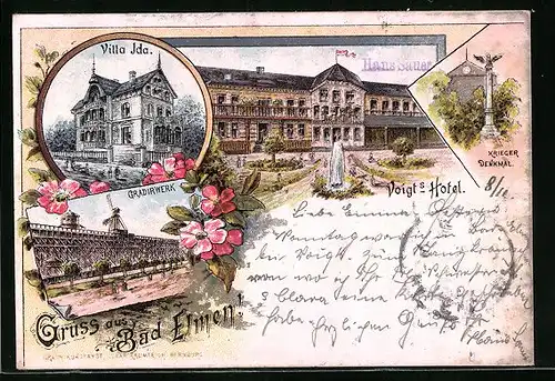 Lithographie Bad Elmen, Villa Ida, Voigts Hotel, Gradirwerk