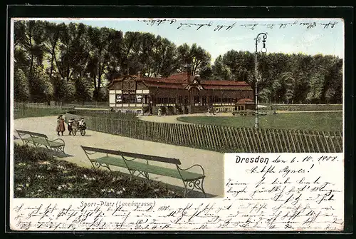 AK Dresden, Sport-Platz in der Lennéstrasse mit Gebäude