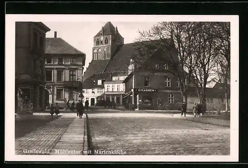 AK Greifswald, Partie am Mühlentor mit Marienkirche