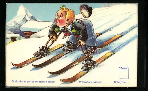 Künstler-AK Paul Minouvis: S hät drum gar scho mänge glitzt!, sicherheitsbewusster Skifahrer