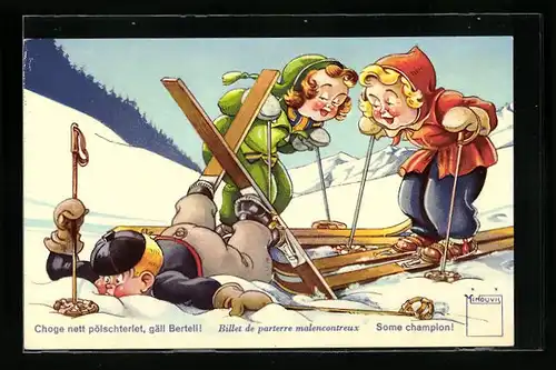 Künstler-AK Paul Minouvis: Choge nett pölschterlet, gäll Berteli!, gestürzter Skifahrer und schadenfrohe Mädchen