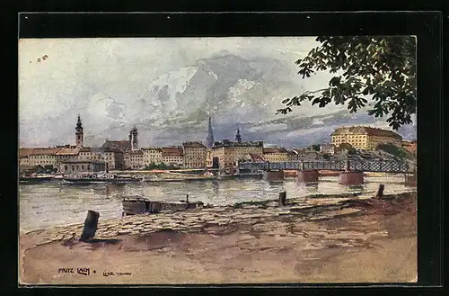 Künstler-AK Linz /Donau, Ortsansicht vom gegenüberliegenden Donauufer aus
