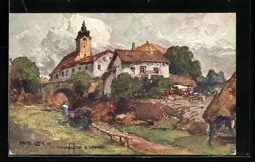 Künstler-AK Fritz Lach: St. Magdalena b. Urfahr, stimmungsvoller Blick auf den Ort