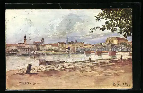 Künstler-AK Linz /Donau, Ortsansicht vom gegenüberliegenden Donauufer aus