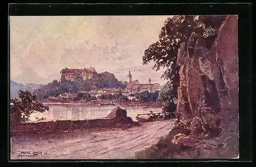 Künstler-AK Fritz Lach: Grein a. Donau, Uferpartie