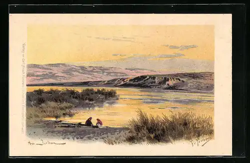 Künstler-AK Friedrich Perlberg: Am Jordan im Sonnenuntergang