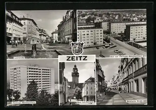 AK Zeitz, Wendische Strasse, Leninstrasse und Zwillings-Hochhaus
