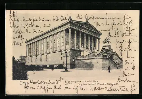 AK Berlin, Königliche National-Galerie mit dem Denkmal Friedrich Wilhelm IV.