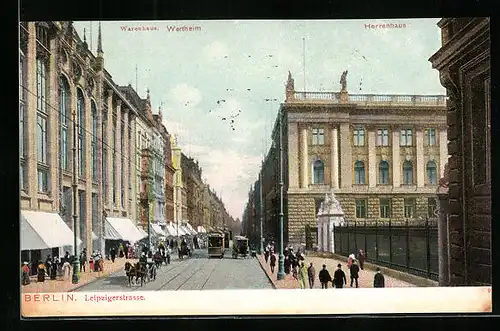 AK Berlin, Leipzigerstrasse, Strassenpartie mit Herrenhaus
