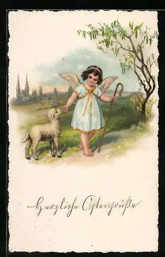 Künstler-AK Osterengel mit Lamm