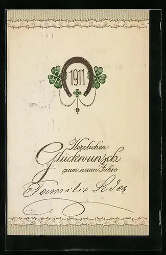 Präge-AK Glückwunsch zum Neujahr, Hufeisen mit Kleeblatt 1911