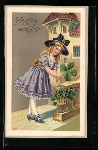 Präge-AK Mädchen mit Hut und Kleeblatt zum neuen Jahre