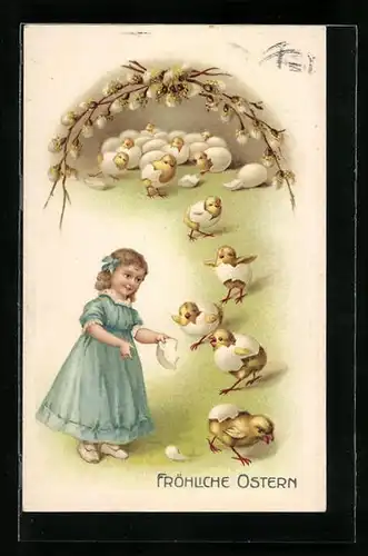 Präge-AK Schlüpfende Osterküken mit Mädchen