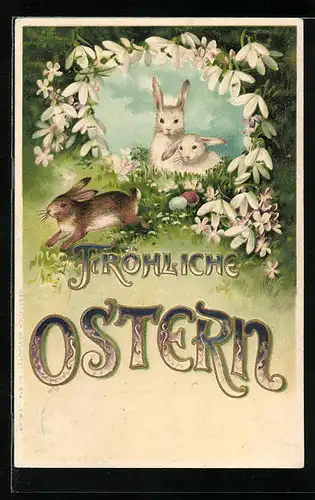 Präge-AK Osterhasen mit Blumen zum Feste