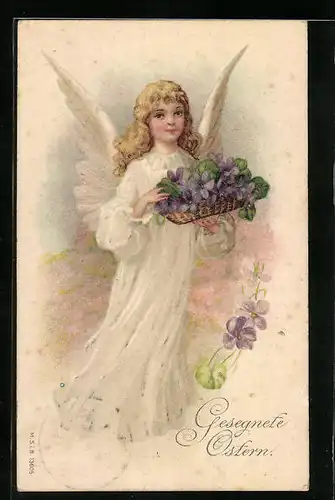 Präge-AK Osterengel mit Korb voller Veilchen