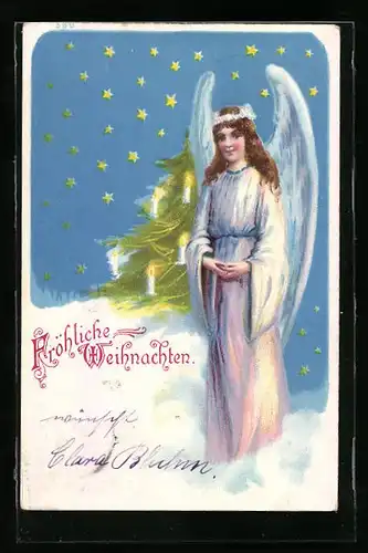 Künstler-AK Weihnachtsengel mit Tannenbaum