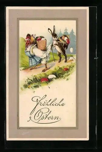Präge-AK Osterhase mit Huhn beim Wandern