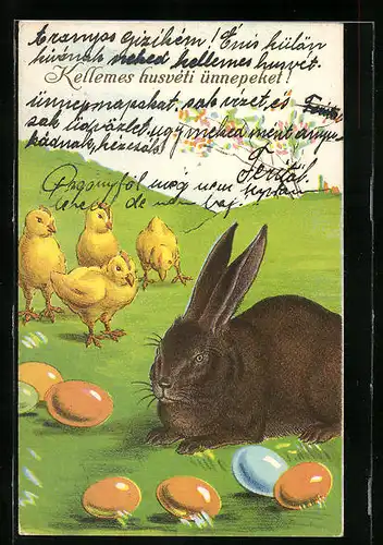 Künstler-AK Osterhase mit Osterküken auf der Wiese