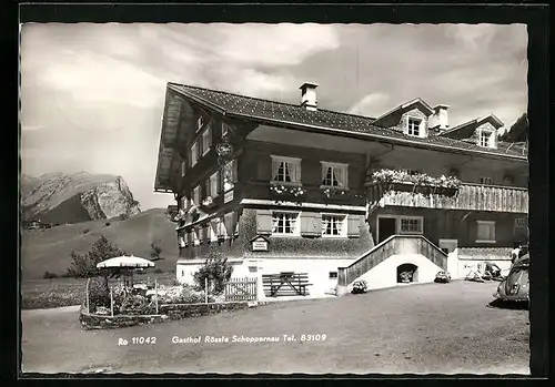 AK Schoppernau, Gasthof Rössle mit Bergpanorama