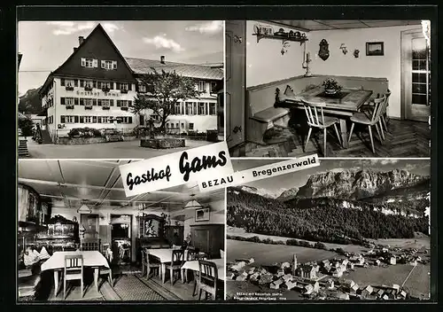 AK Bezau, Ortsansicht aus der Vogelschau und Gasthof Gams