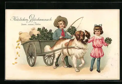 Präge-AK Kinder mit Hundewagen und Glücksklee, Neujahrsgruss