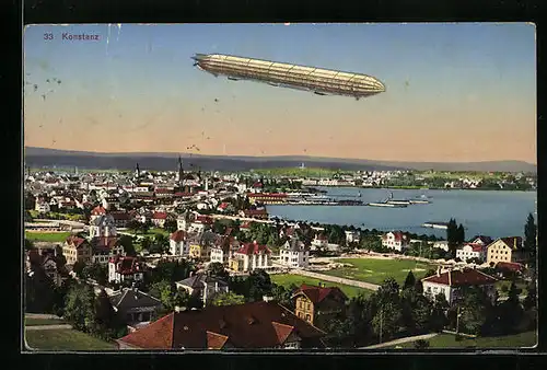 AK Konstanz a. B., Stadtpanorama mit Zeppelin`schem Luftschiff