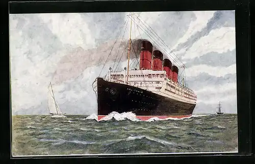 Künstler-AK Passagierschiff R.M.S. Aquitania bei voller Fahrt