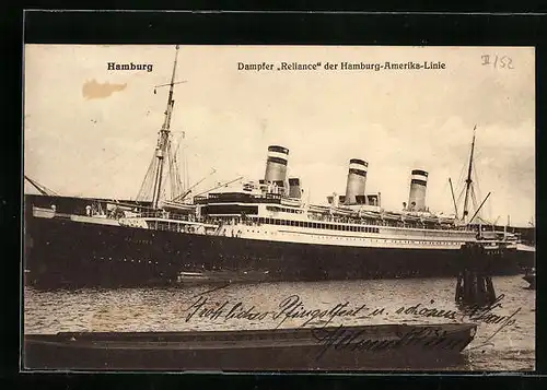 AK Dampfer Reliance der H.-A.-Linie im Hamburger Hafen