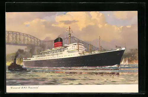 Künstler-AK Passagierschiff RMS Saxonia der Cunard Line eine Hochbrücke passierend