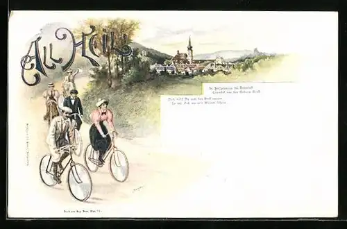 Lithographie Edle Herrschaften auf gegenwärtigen Fahrrädern unterwegs