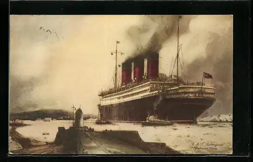 Künstler-AK Hafenausfahrt des Passagierschiffes RMS Berengaria der Cunard Line