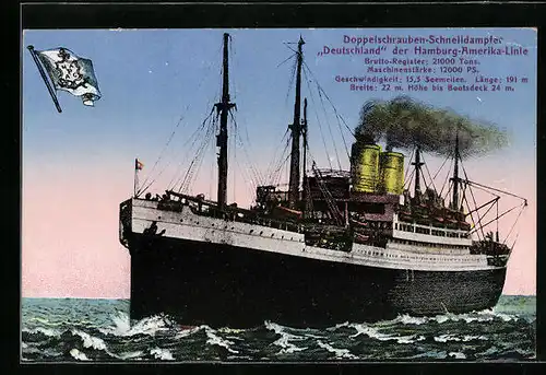 AK Doppelschrauben-Schnelldampfer Deutschland der H.-A.-Linie auf hoher See