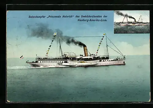 AK Salondampfer Prinzessin Heinrich des Seebäderdienstes der der H.-A.-Linie in Flaggengala