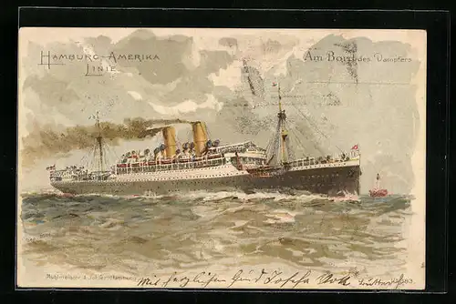 Lithographie Passagierschiff der H.-A.-Linie in voller Fahrt