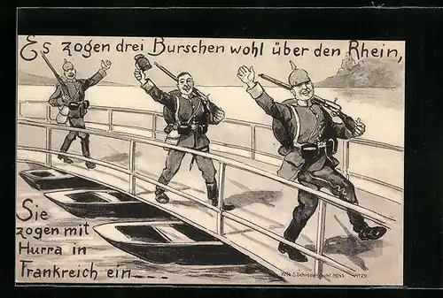 AK Drei deutsche Soldaten zogen in Frankreich ein