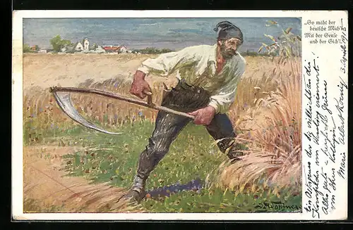 Künstler-AK Es mäht der deutsche Michl mit der Sense und der Sichel
