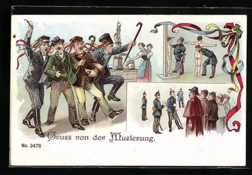 Lithographie Gruss von der Musterung, Eingezogene Männer bei der Tauglichkeitsprüfung