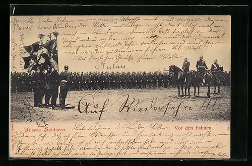 AK Soldaten der Infanterie vor den Fahnen
